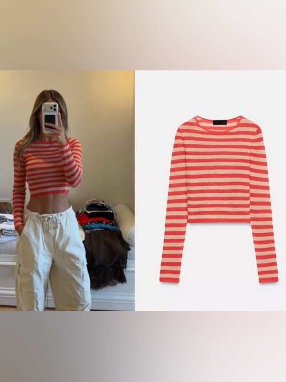 Zara Striped Long-Sleeve Crop Top - Coral & Cream